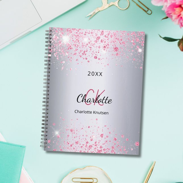 Silver pink glitter name monogram planner (Creator Uploaded)