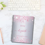 Silver pink glitter name monogram script 2024 planner<br><div class="desc">A faux silver metallic looking background decorated with pink faux glitter dust. Personalise and add your name.  The name is written with a modern hand lettered style script with swashes. 
To keep the swashes only delete the sample name,  leave the spaces or emoji's in front and after the name.</div>
