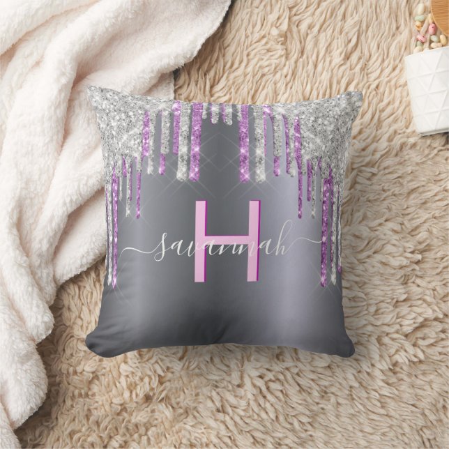 Silver pink glitter purple sparkle script name cushion (Blanket)