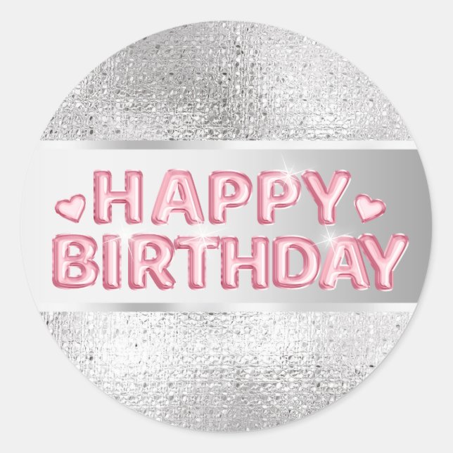 Silver pink happy birthday 3d wishes girls party classic round sticker (Front)