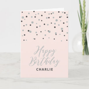 Silver & Pink Happy Birthday Custom Name Greeting Card