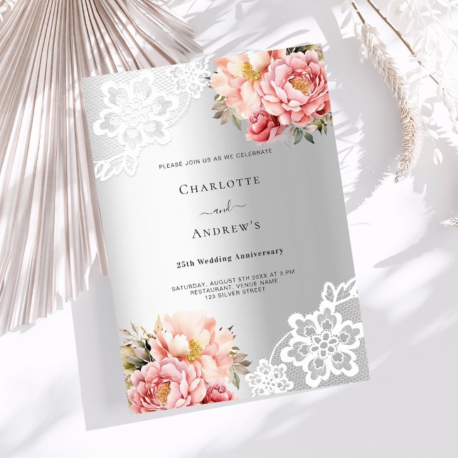 Silver pink luxury 25th wedding anniversary invitation (Creator Uploaded)