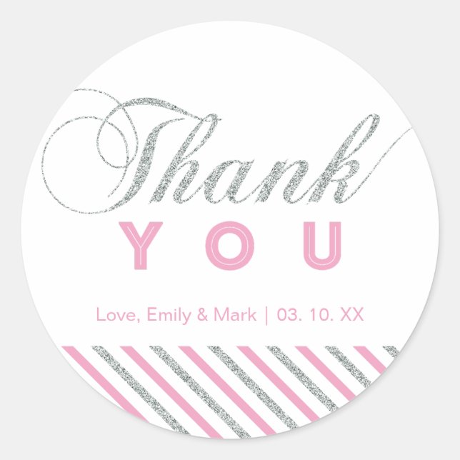 Silver & Pink | Modern Party Thank You Sticker (Front)