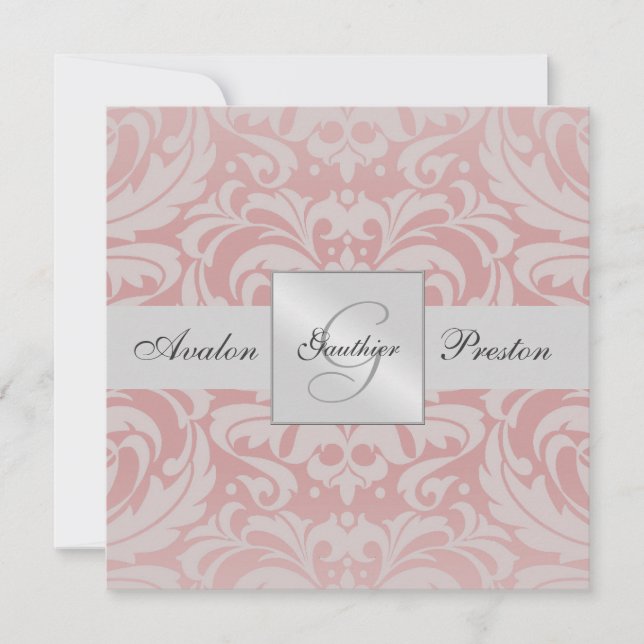 Silver & Pink Monogram Damask Wedding Invitation (Front)