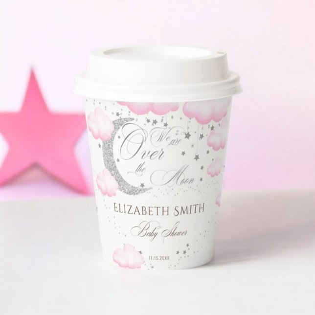 Silver Pink Over the Moon Girl  Baby Shower Paper Cups (Creator Uploaded)