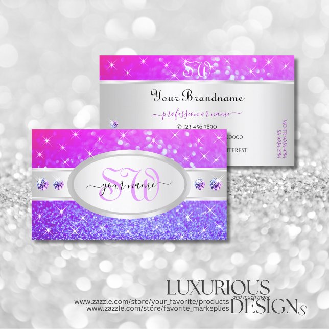 Silver Pink Purple Glitter Stars Diamonds Initials Business Card (Creator Uploaded)