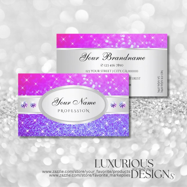 Silver Pink Purple Glitter Stars Diamonds Popular Business Card (Creator Uploaded)