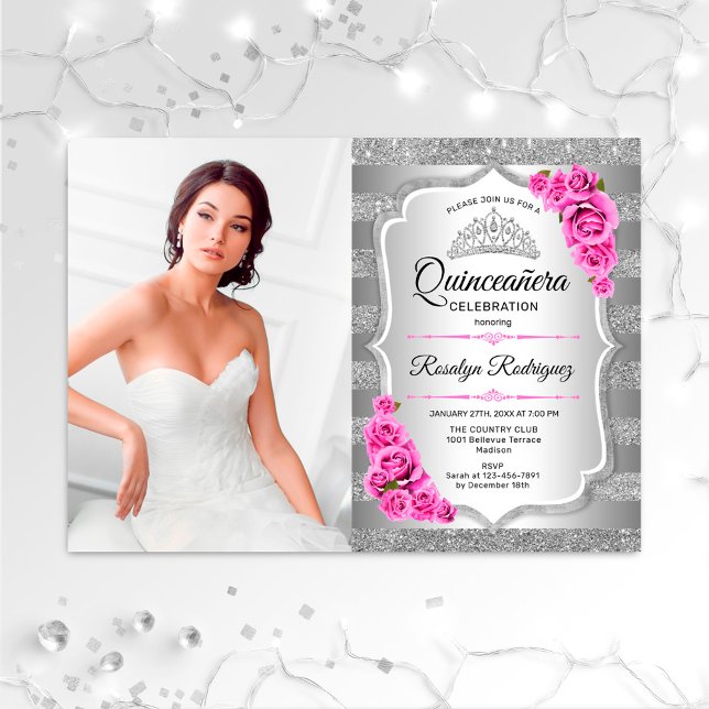 Silver Pink Quinceanera Party Photo Invitation (Creator Uploaded)