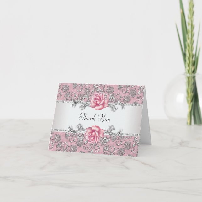 Silver Pink Rose Damask Thank You Cards (Front)