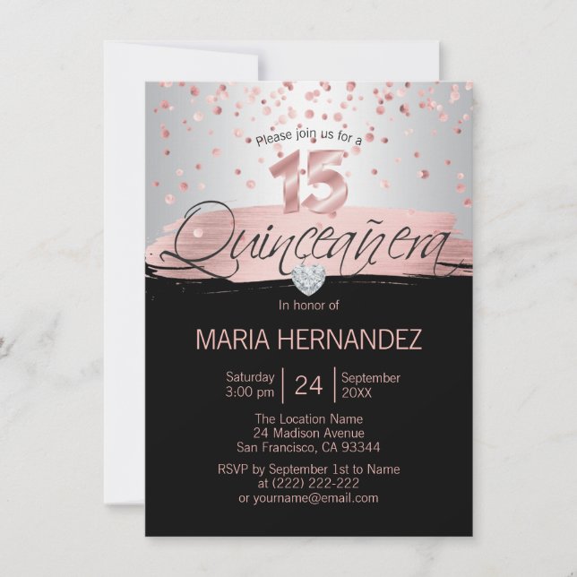 Silver Pink Rose Gold Foil Black QUINCEANERA 15 Invitation (Front)