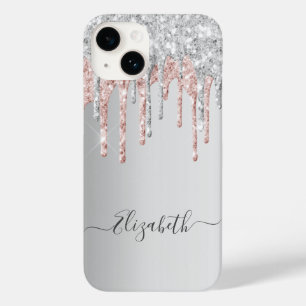 Silver pink rose gold glitter drip monogram Case-Mate iPhone 14 case