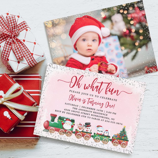Silver Pink Santa Claus Christmas Birthday Photo Invitation (Creator Uploaded)