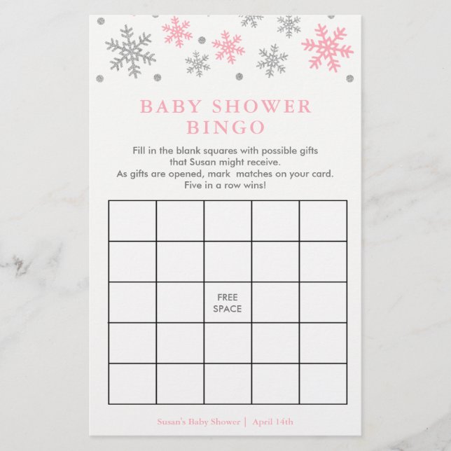 Silver-Pink Snowflake Baby Shower Bingo Game Card (Front)