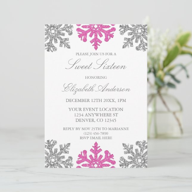 Silver Pink Snowflake Winter Sweet 16 Invitation (Standing Front)
