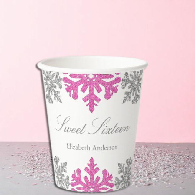 Silver Pink Snowflake Winter Sweet 16 Paper Cups (Creator Uploaded)