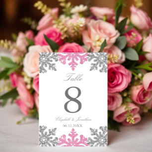 Silver Pink Snowflake Winter Wedding Table Number