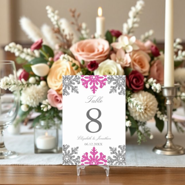 Silver Pink Snowflake Winter Wedding Table Number (Creator Uploaded)