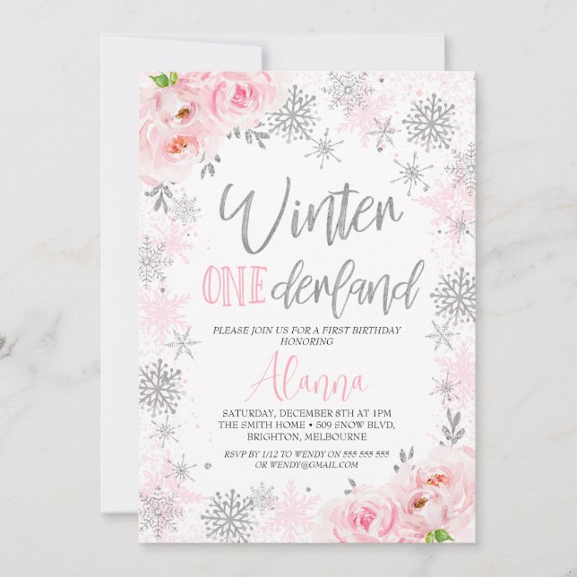 Silver Pink Snowflakes Winter Onederland Birthday Invitation (Front)