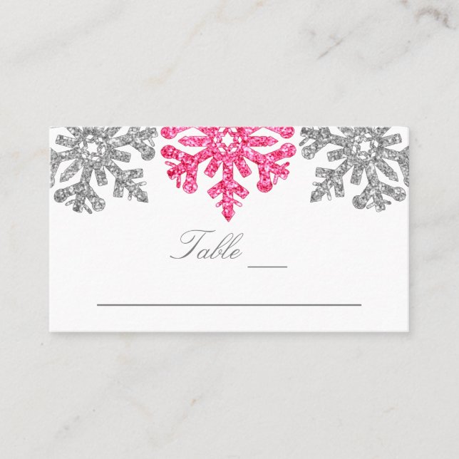 Silver Pink Snowflakes Winter Wedding Place Card (Front)