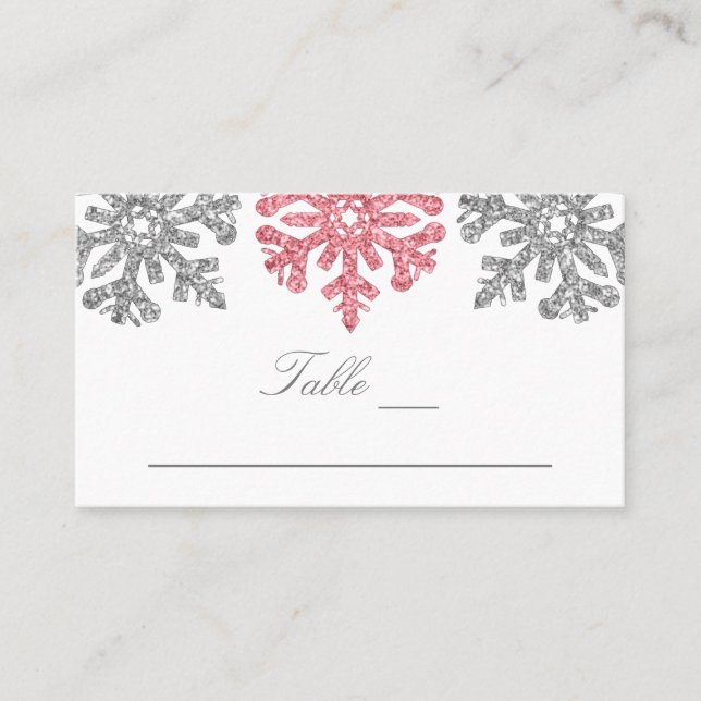 Silver Pink Snowflakes Winter Wedding Place Card (Front)