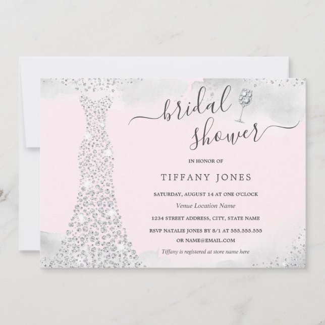Silver Pink Sparkle Diamond Dress Bridal Shower  Invitation (Front)