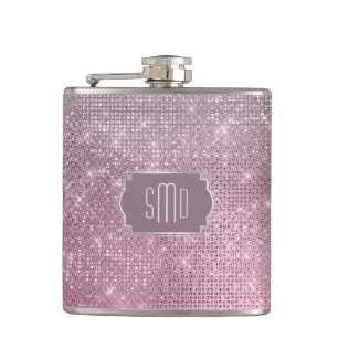 Silver Pink Star Sparkle Monogram Hip Flask