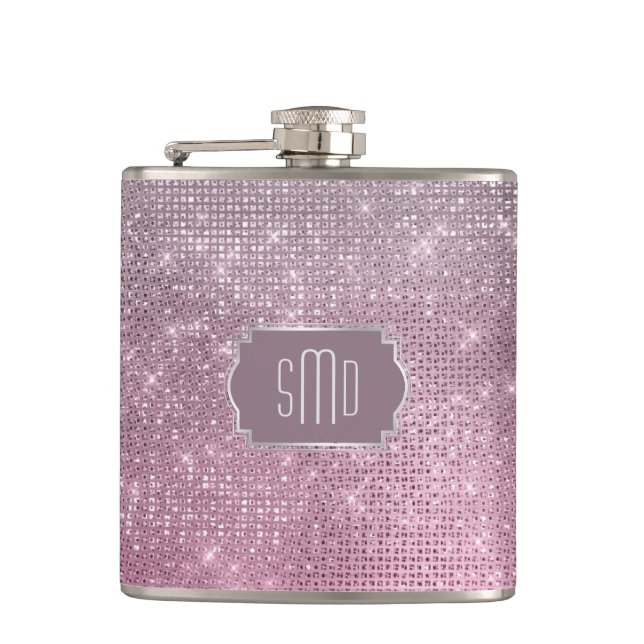 Silver Pink Star Sparkle Monogram Hip Flask (Front)
