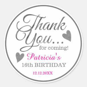 Silver Pink Sweet Sixteen Birthday Thank You    Classic Round Sticker