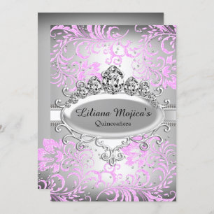 Silver Pink Tiara & Glitter Floral Quinceanera Invitation
