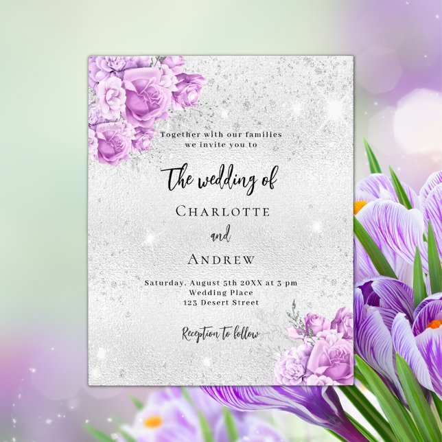 Silver pink violet budget wedding invitation flyer (Creator Uploaded)