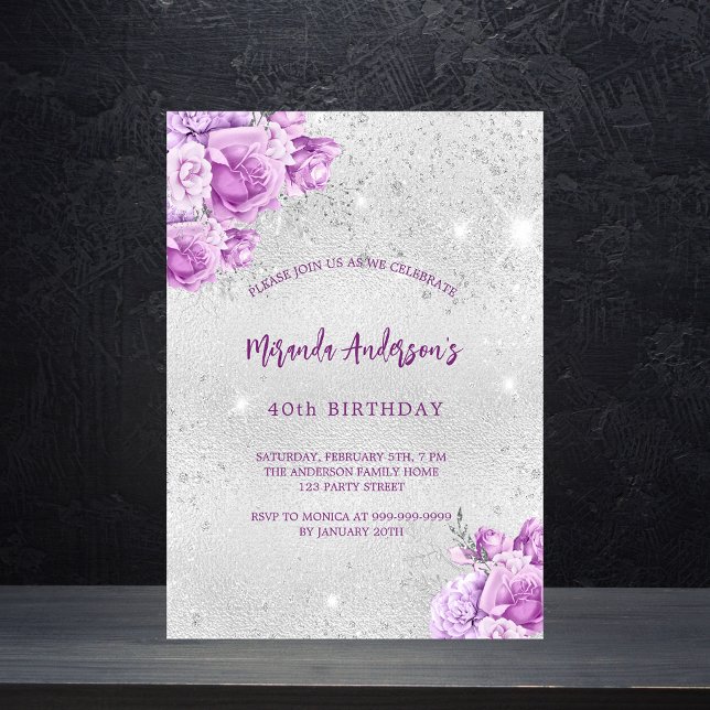 Silver pink violet flowers birthday invitation postcard (Creator Uploaded)