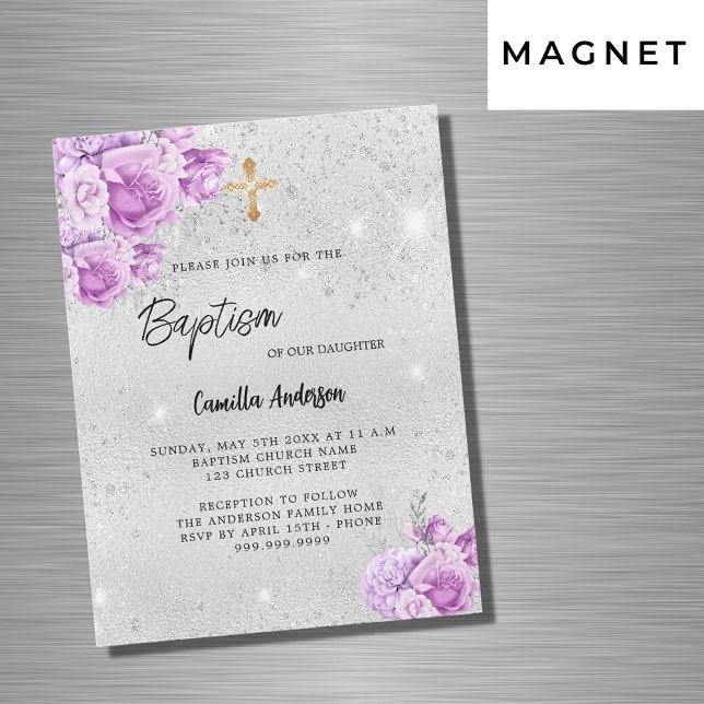 Silver pink violet flowers girl luxury Baptism Magnetic Invitation (Creator Uploaded)