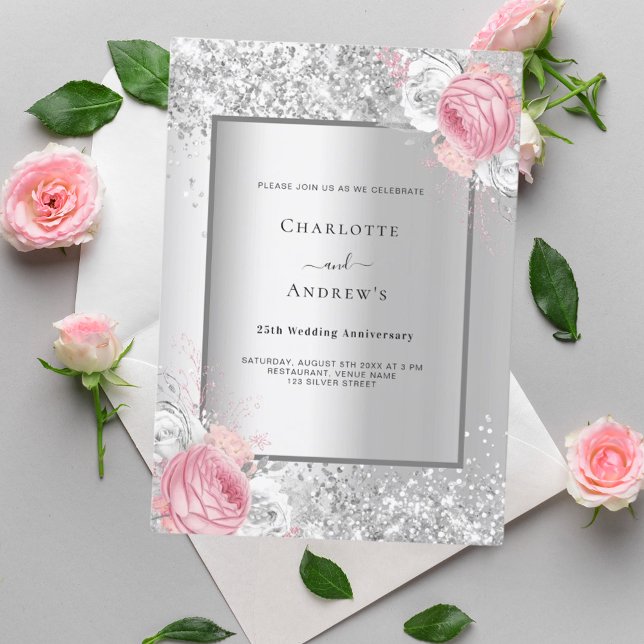Silver pink white floral 25th wedding anniversary invitation (Creator Uploaded)