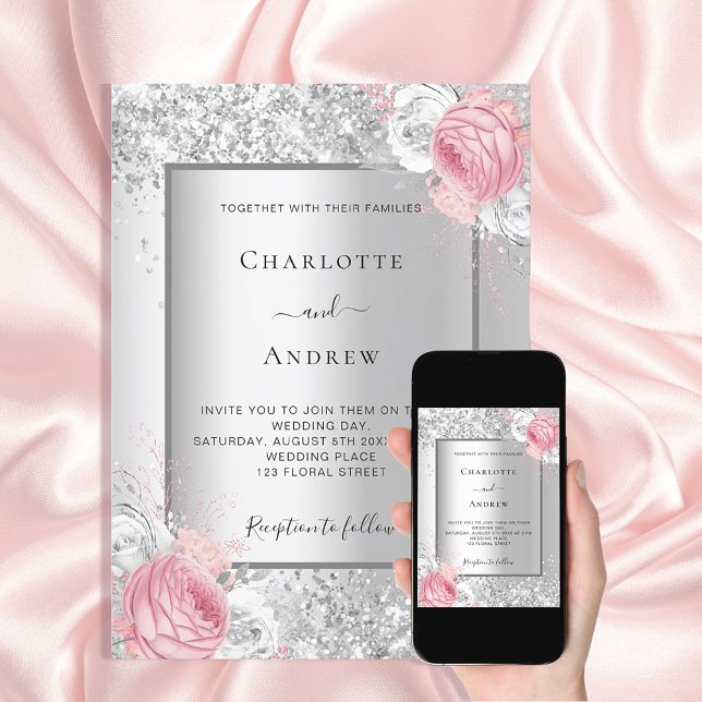 Silver pink white floral elegant wedding invitation (Creator Uploaded)