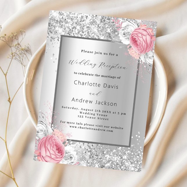 Silver pink white floral elegant wedding reception invitation (Creator Uploaded)