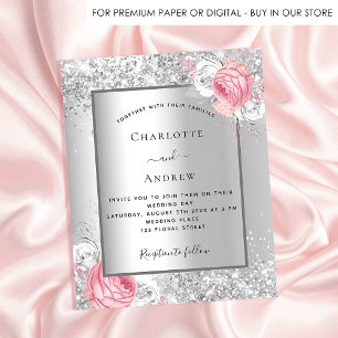 Silver pink white floral wedding invitation
