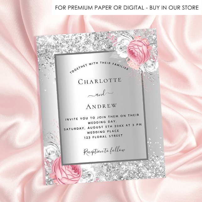 Silver pink white floral wedding invitation (Creator Uploaded)