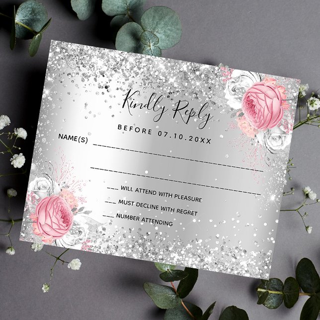 Silver pink white florals budget wedding RSVP Flyer (Creator Uploaded)