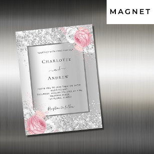 Silver pink white florals luxury wedding magnetic invitation