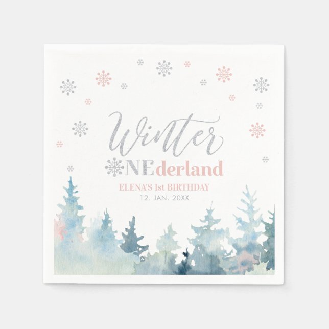 Silver& Pink Winter Onederland 1st Birthday Party Napkin (Front)