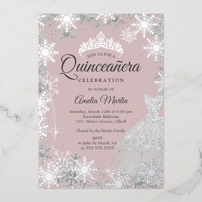 Silver Pink Winter Snowflake Quinceanera (Front)