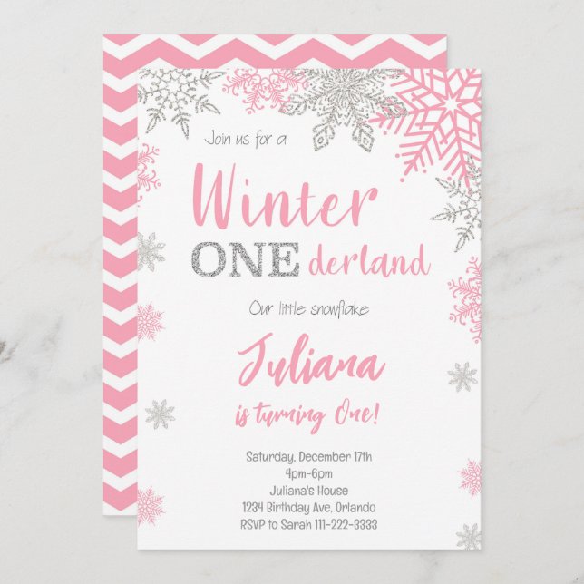 Silver Pink Winter Wonderland 1st Birthday Invite (Front/Back)