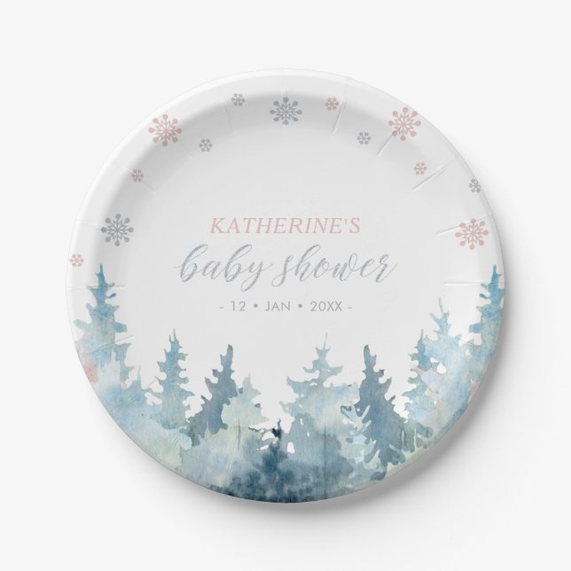 Silver & Pink Winter Wonderland Snow Baby Shower Paper Plate (Front)