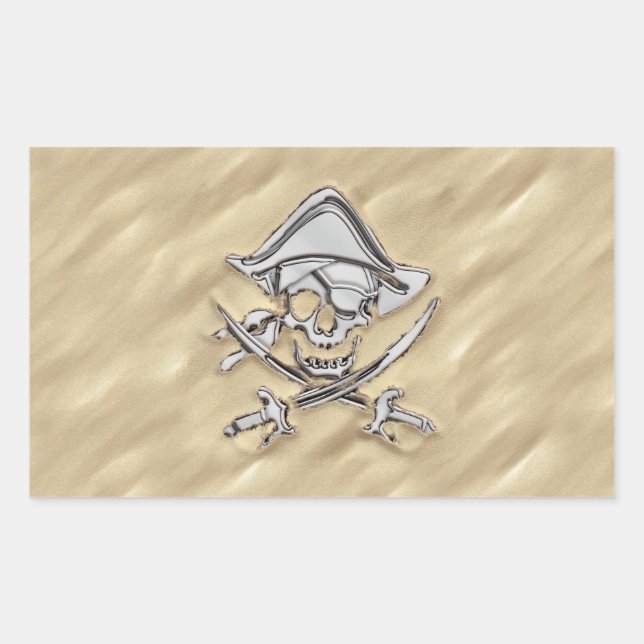 Silver Pirate Skull in the Sand Decor Rectangular Sticker (Front)