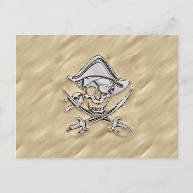 Silver Pirate Skull in the Sand Postcard (Front)