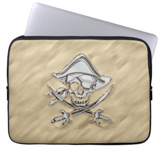 Silver Pirate Skull on the Beach Laptop Sleeve