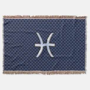 Silver Pisces Zodiac Sign Blue Carbon Fibre Print Throw Blanket