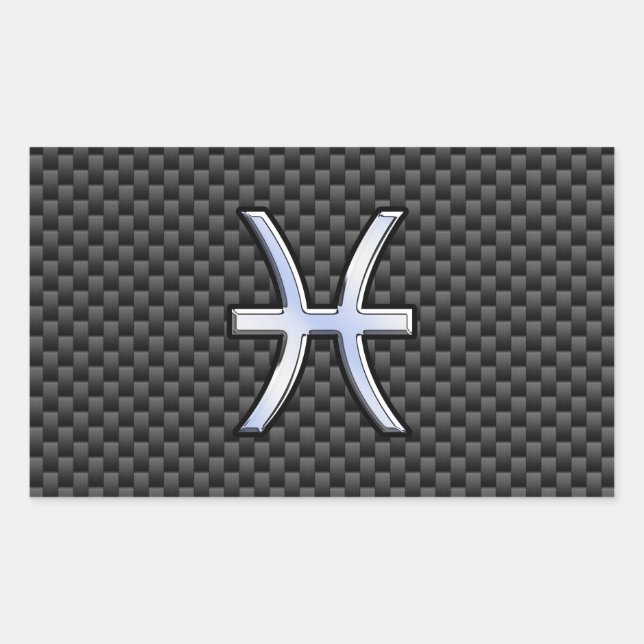 Silver Pisces Zodiac Sign on Carbon Fiber Print Rectangular Sticker (Front)