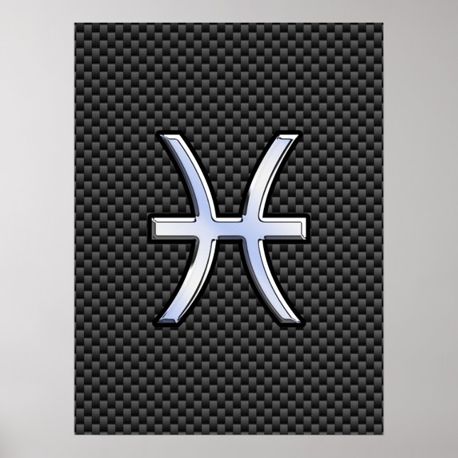 Silver Pisces Zodiac Sign on Carbon Fibre Print (Front)