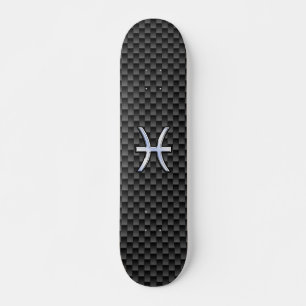 Silver Pisces Zodiac Sign on Carbon Fibre Print Skateboard